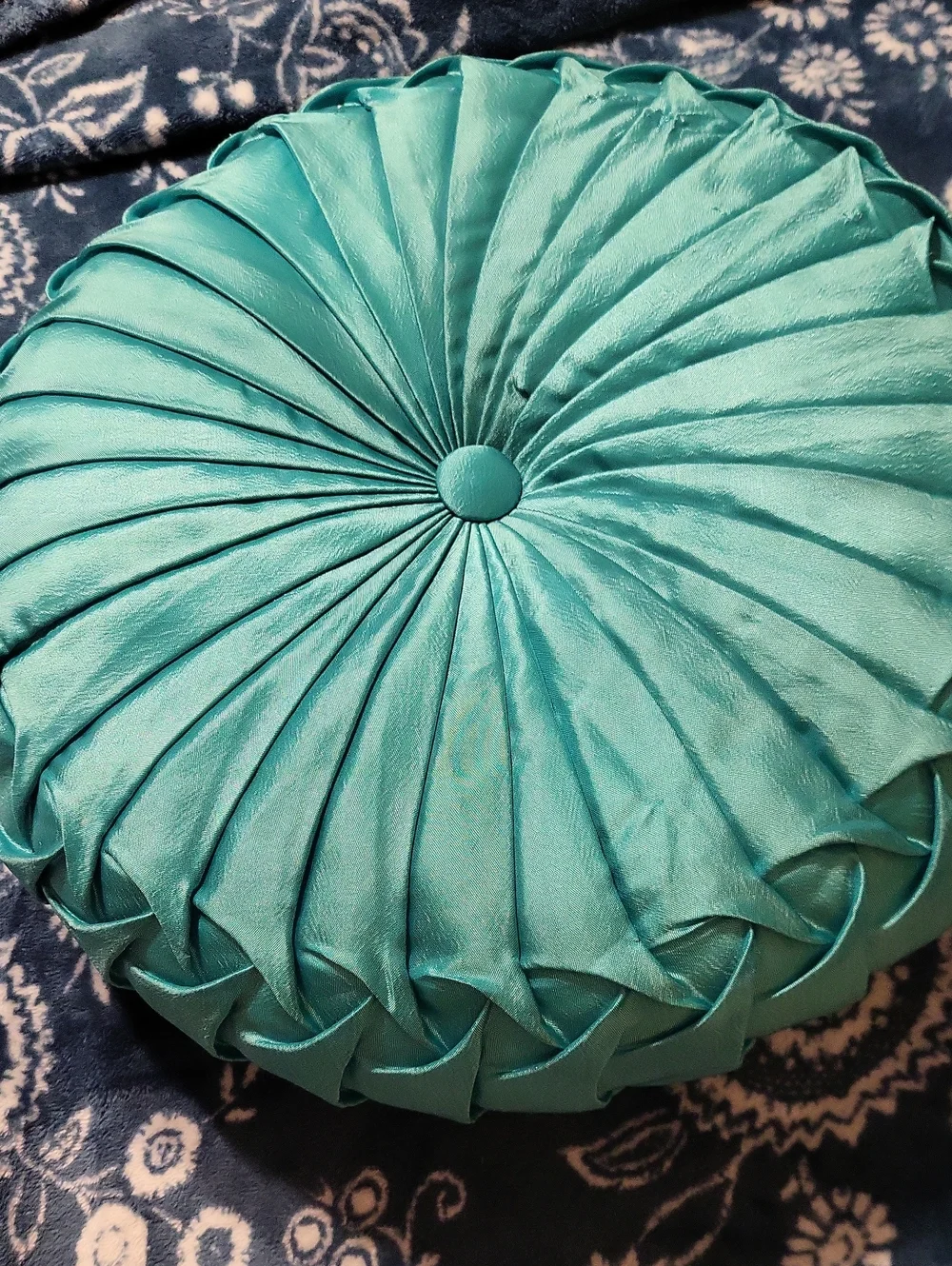Round Pleated Turquoise Accent Pillow -
